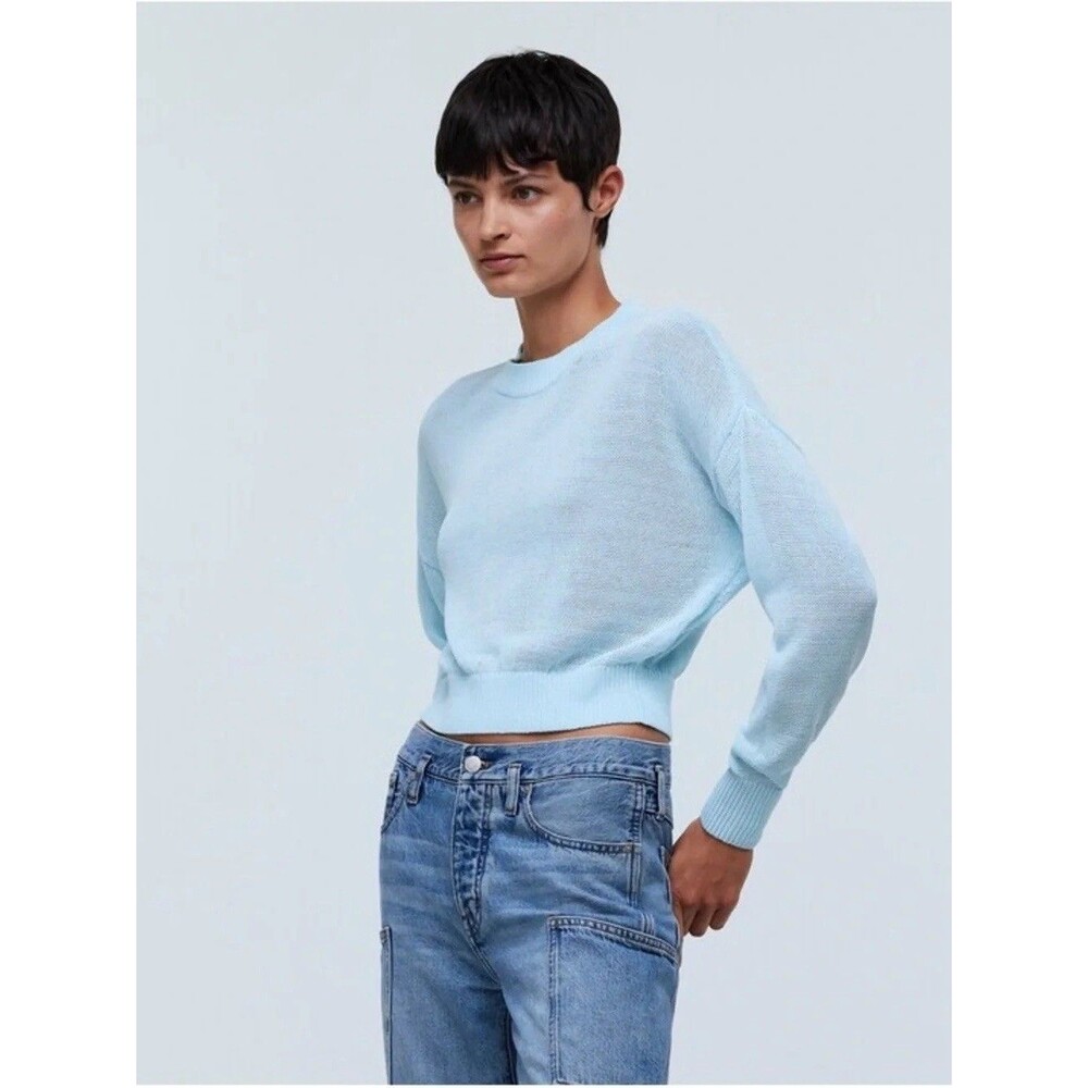 Madewell Women's Loose-Knit Crewneck Relaxed Sweater Cropped Medium Blue